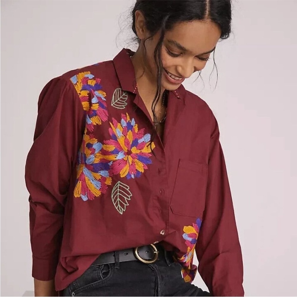 Anthropologie Maeve Embroidered Buttondown Floral burgundy wine Sz 0